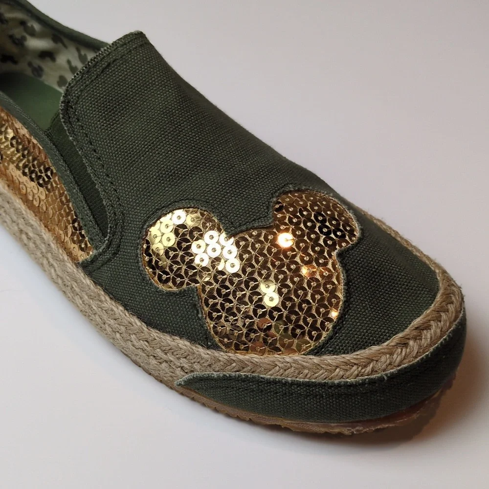 Disney Mickey Mouse Women's Olive Green Gold Sequin Espadrille Slip On Shoes 10